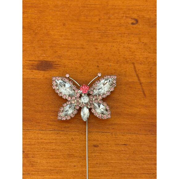 Vintage Butterfly Stick Pin Pink & Clear Gemstones Unique Eye-Catching Design - Picture 4 of 12